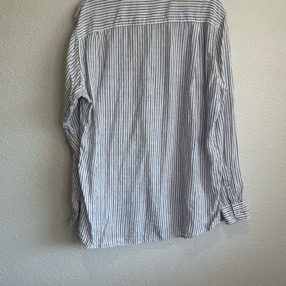 Uniqlo Shirt Men's‎ Large Button Up 100% Linen Blue Long Sleeve Striped Boho - Picture 8 of 10